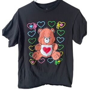 Care Bears Love-a-Lot Bear Graphic T-Shirt Black Neon Hearts Women Medium